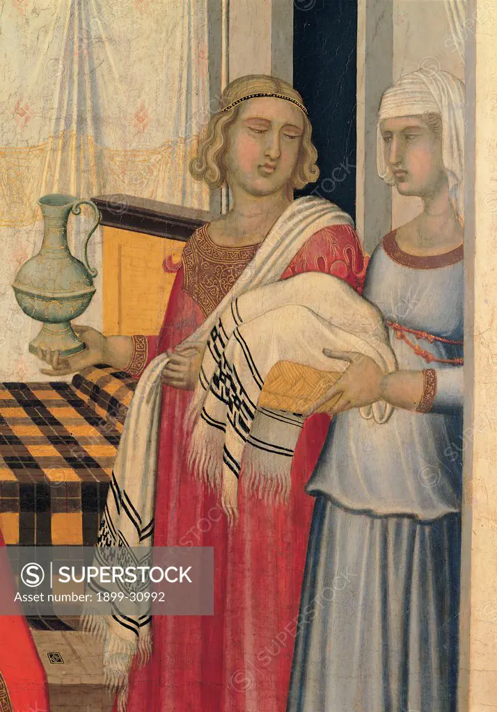 Birth of the Virgin Mary, by Lorenzetti Pietro, 1342, 14th Century, tempera on panel. Italy, Tuscany, Siena, Opera del Duomo Museum. Detail. The maidservant with the food on the right basket osiery dress: garment drapery: draping folds curtains bed red yellow light blue: azure white blue.