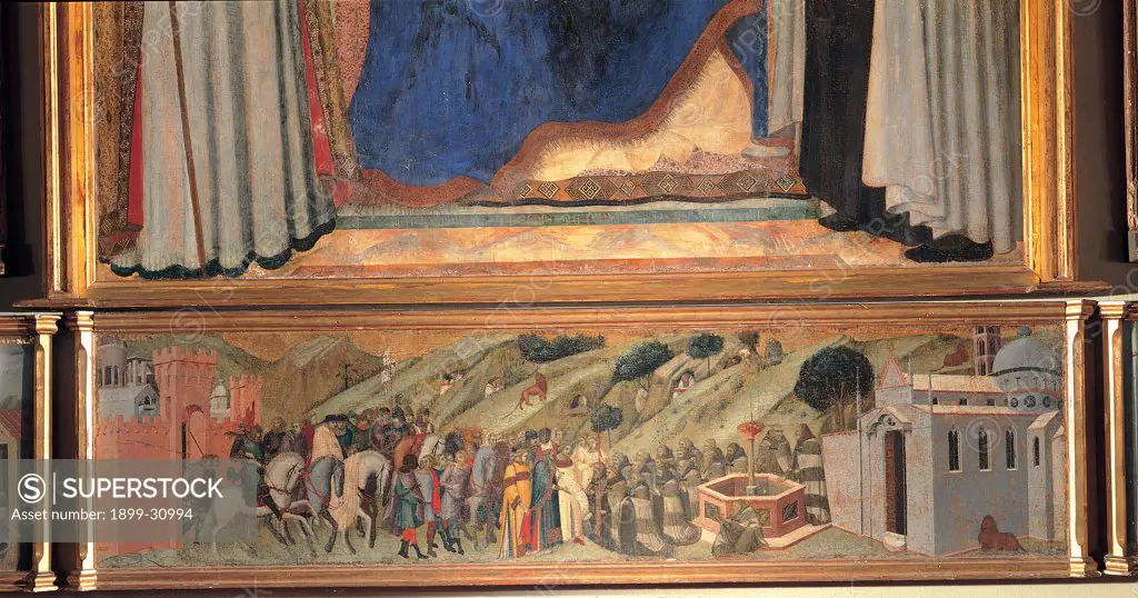 Carmine Altarpiece, by Lorenzetti Pietro, 1329, 14th Century, tempera on panel transferred to canvas. Italy, Tuscany, Siena, National Gallery of Art. Detail. St Albert Siculus patriarch of Jerusalem delivering the Carmelite Rule to St Brocard (central compartment of the predella)..