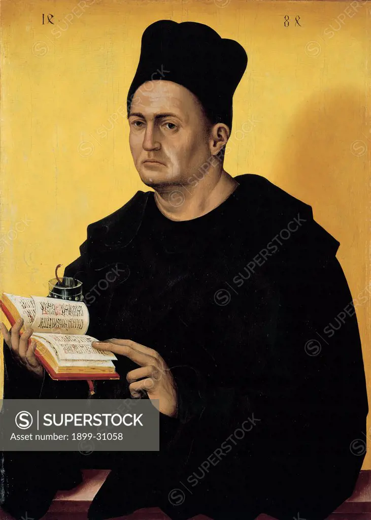 Portrait Benedictine Abbot, by Polack Jan, 1484, 15th Century, tempera on pine board. Spain, Madrid, Thyssen-Bornemisza Collection, formerly Lugano, Villa Favorita. All half length portrait male figure Benedictine monk habit headdress he holds a holy book in his hands.