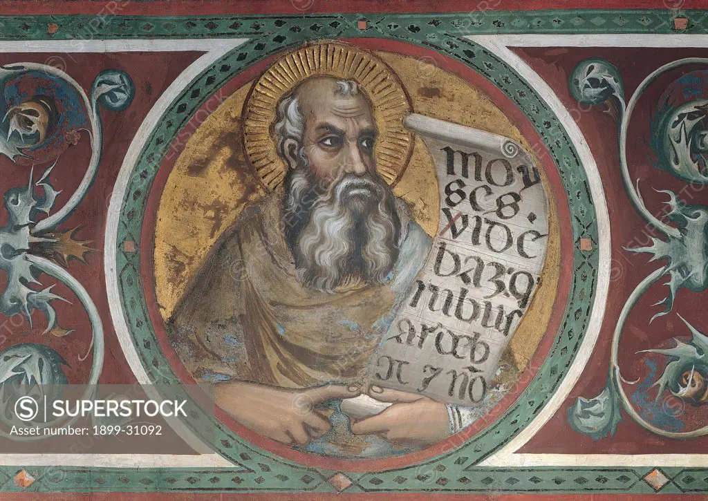 The Majesty, by Martini Simone, 1313 - 1315, 14th Century, fresco. Italy, Tuscany, Siena, Palazzo Pubblico, Sala del Mappamondo. Detail. Tondo with Moses decoration volutes flowers leaves halo: aureole sheet inscription Gothic type gold-background green red white black brown hues: shades.
