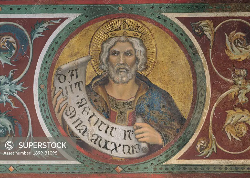 The Majesty, by Martini Simone, 1313 - 1315, 14th Century, fresco. Italy, Tuscany, Siena, Palazzo Pubblico, Sala del Mappamondo. Detail. Tondo with King David decoration volutes leaves inscription sheet crown halo: aureole gold-background mantle: cloak red green blue white black.
