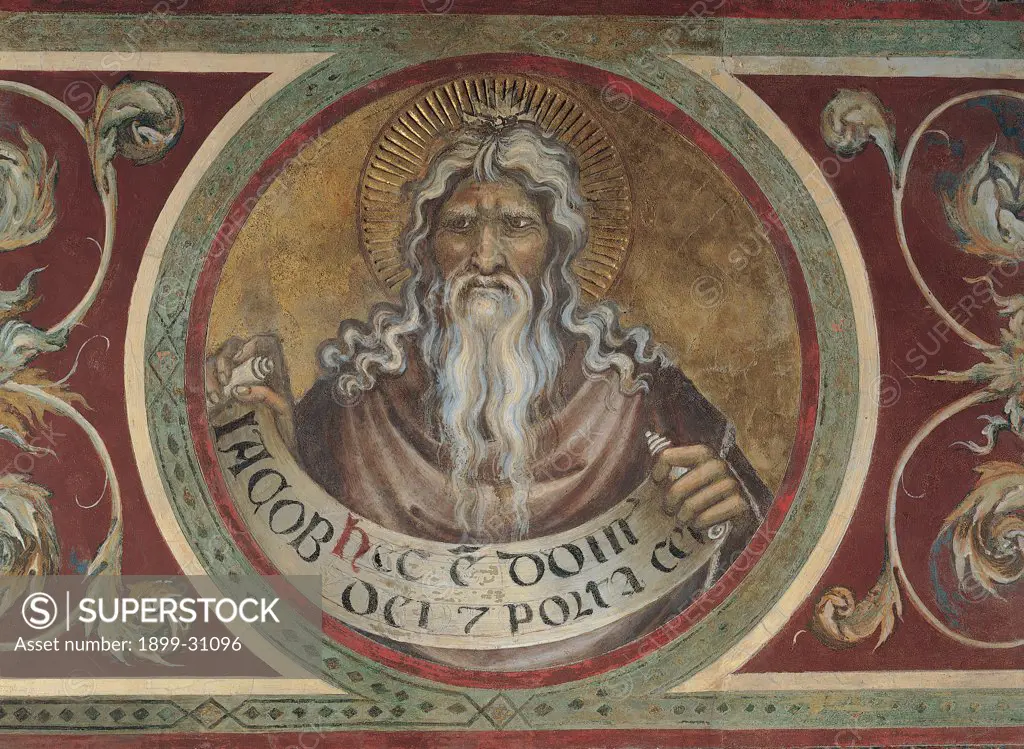 The Majesty, by Martini Simone, 1313 - 1315, 14th Century, fresco. Italy, Tuscany, Siena, Palazzo Pubblico, Sala del Mappamondo. Detail. Tondo with Jacob volutes leaves decoration gold-background sheet inscription beard halo: aureole green red brown white black brown hues: shades.