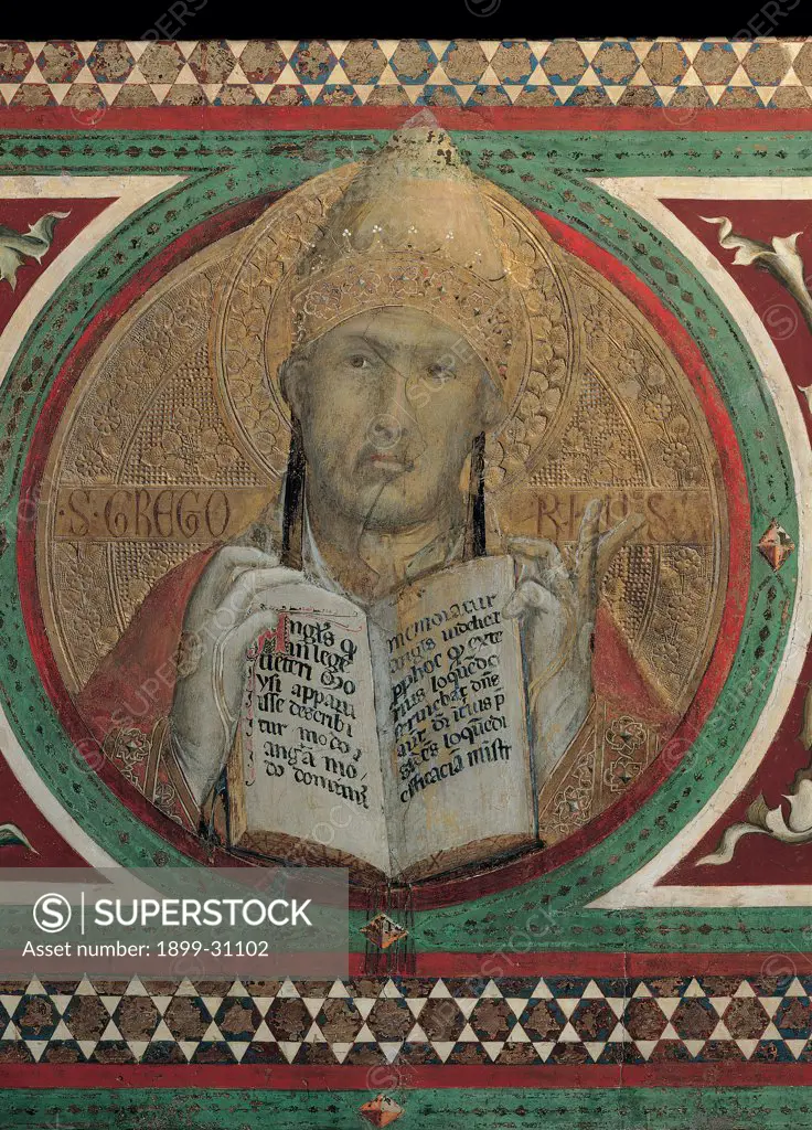The Majesty, by Martini Simone, 1313 - 1315, 14th Century, fresco. Italy, Tuscany, Siena, Palazzo Pubblico, Sala del Mappamondo. Detail. Tondo with St Gregory Pope book inscription decoration tondoes geometry gold-background gloves red white black green brown hues: shades halo: aureole.