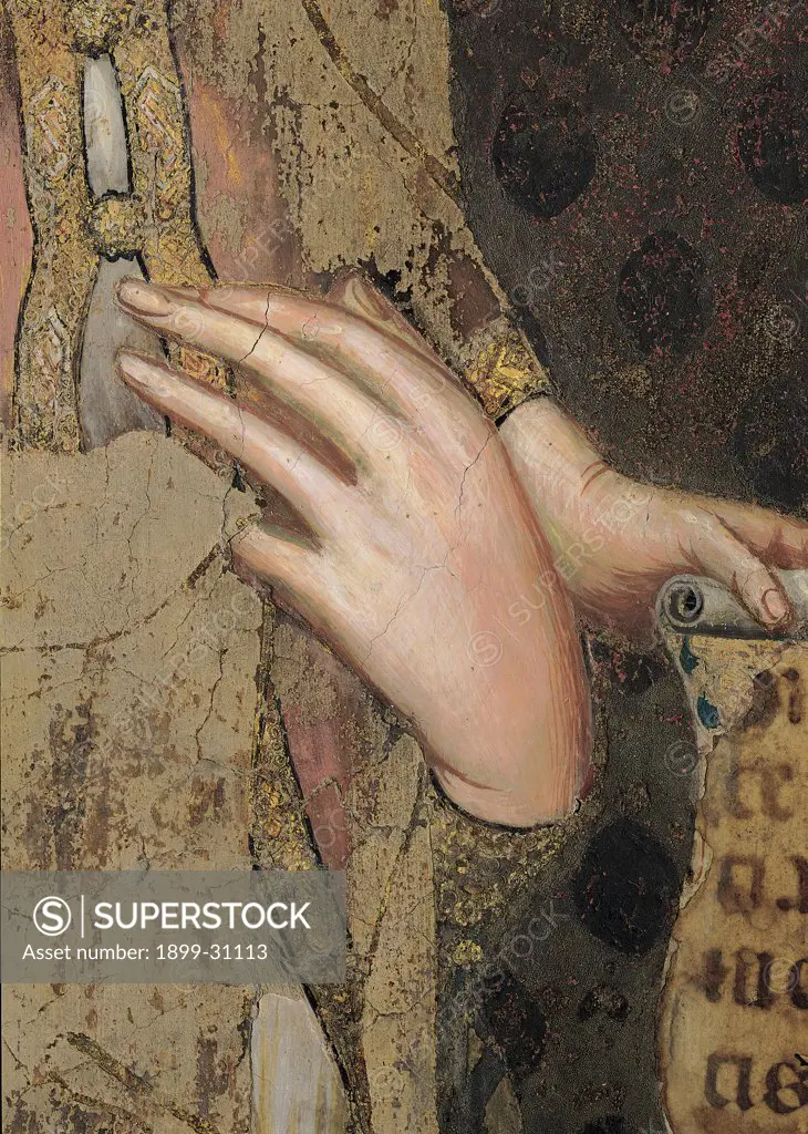 The Majesty, by Martini Simone, 1313 - 1315, 14th Century, fresco. Italy, Tuscany, Siena, Palazzo Pubblico, Sala del Mappamondo. Detail. The left hand of the Virgin..