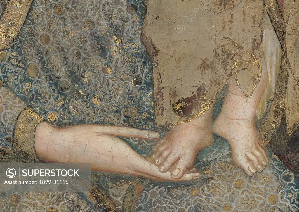 The Majesty, by Martini Simone, 1313 - 1315, 14th Century, fresco. Italy, Tuscany, Siena, Palazzo Pubblico, Sala del Mappamondo. Detail. The right hand of the Virgin and feet of Jesus.