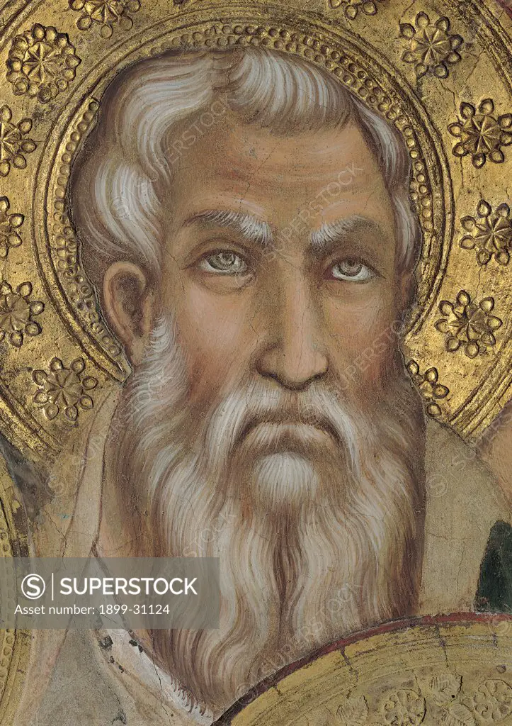 The Majesty, by Martini Simone, 1313 - 1315, 14th Century, fresco. Italy, Tuscany, Siena, Palazzo Pubblico, Sala del Mappamondo. Detail. Face of an apostle: prophet on the left side of the throne gold beard.