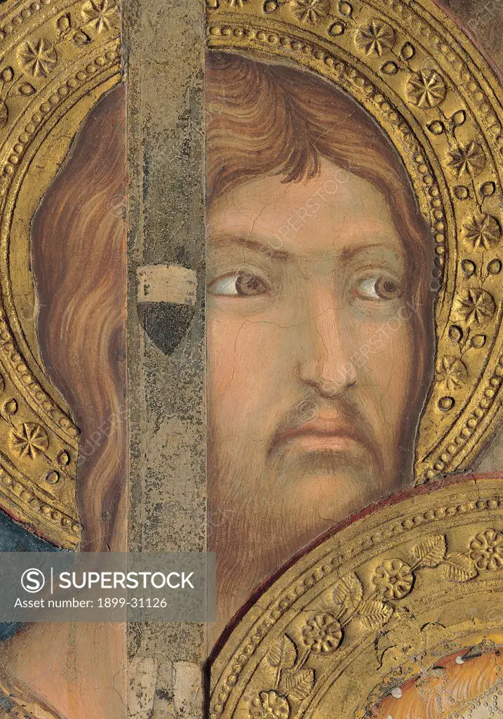 The Majesty, by Martini Simone, 1313 - 1315, 14th Century, fresco. Italy, Tuscany, Siena, Palazzo Pubblico, Sala del Mappamondo. Detail. Face of an Apostle (James the Less) on the left side of the throne halo: aureole gold decoration flowers.