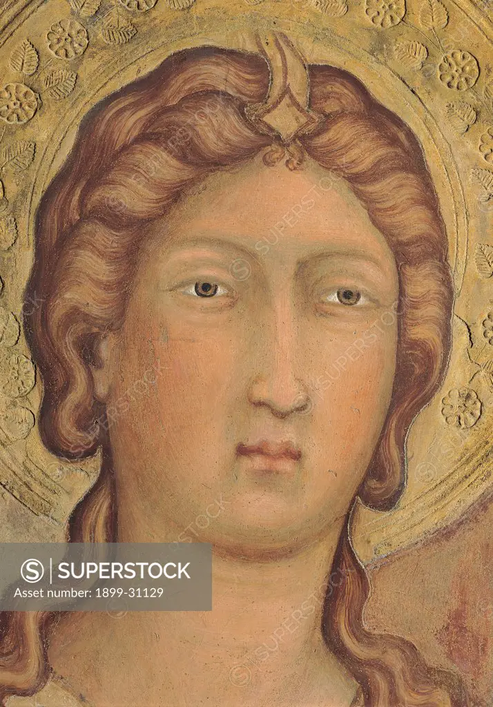 The Majesty, by Martini Simone, 1313 - 1315, 14th Century, fresco. Italy, Tuscany, Siena, Palazzo Pubblico, Sala del Mappamondo. Detail. Face of the Archangel Gabriel on the left side of the throne halo: aureole hairstyle decoration rosettes gold brown hues: shades.