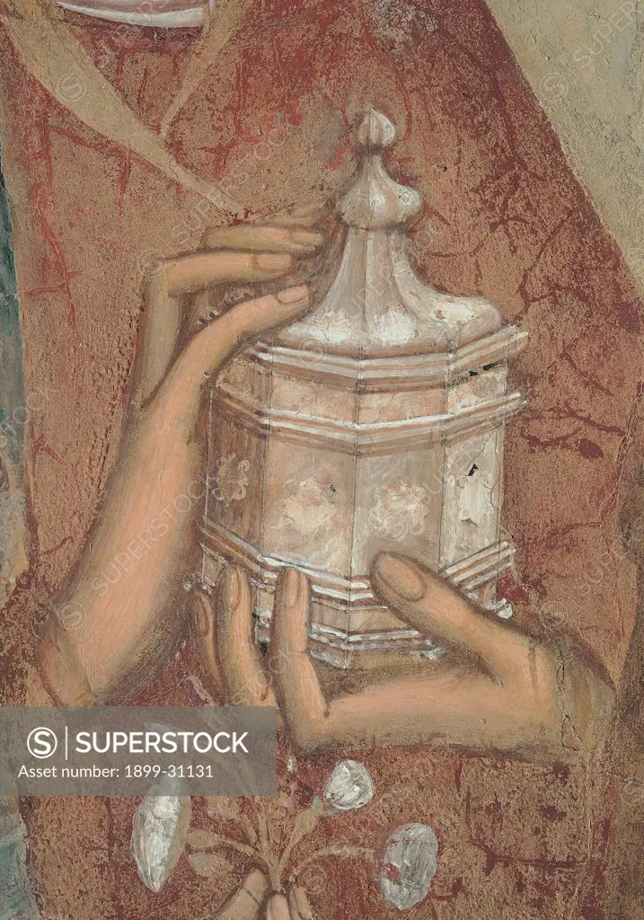 The Majesty, by Martini Simone, 1313 - 1315, 14th Century, fresco. Italy, Tuscany, Siena, Palazzo Pubblico, Sala del Mappamondo. Detail. The hands of Mary Magdalene holding an unguentarium furnishings flower red white grey brown hues: shades.