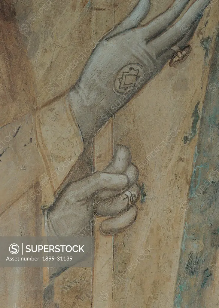 The Majesty, by Martini Simone, 1313 - 1315, 14th Century, fresco. Italy, Tuscany, Siena, Palazzo Pubblico, Sala del Mappamondo. Detail. The hands of St Savinus (on the left side of the throne) gloves stick grey gold rings.