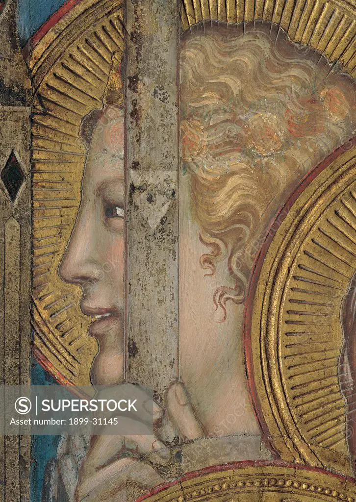 The Majesty, by Martini Simone, 1313 - 1315, 14th Century, fresco. Italy, Tuscany, Siena, Palazzo Pubblico, Sala del Mappamondo. Detail. Face of an angel (on the right side of the throne) halos: aureoles rays gold brown hues: shades pink.