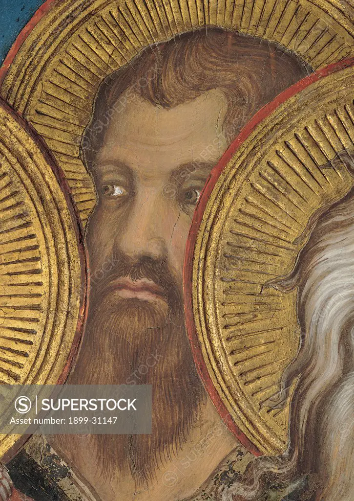 The Majesty, by Martini Simone, 1313 - 1315, 14th Century, fresco. Italy, Tuscany, Siena, Palazzo Pubblico, Sala del Mappamondo. Detail. Face of an apostle: prophet (on the right side of the throne) rays halo: aureole brown beard red gold.