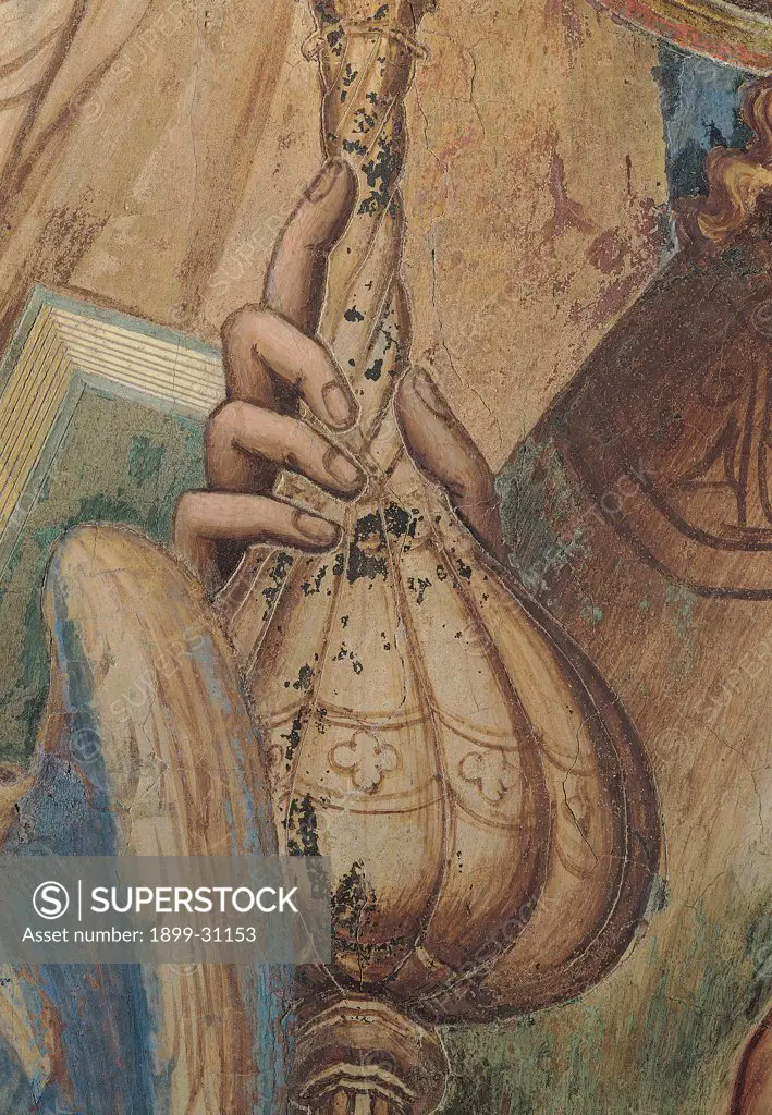 The Majesty, by Martini Simone, 1313 - 1315, 14th Century, fresco. Italy, Tuscany, Siena, Palazzo Pubblico, Sala del Mappamondo. Detail. An angel holding the ampulla (on the right side of the throne) book light blue: azure blue green brown beige brown hues: shades.