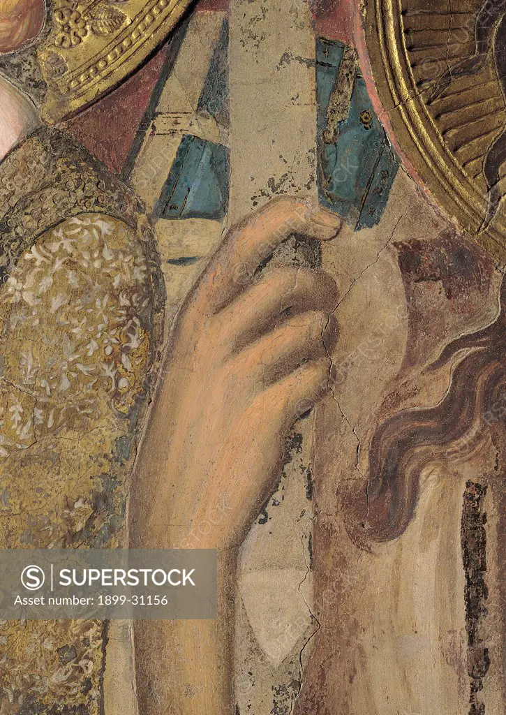 The Majesty, by Martini Simone, 1313 - 1315, 14th Century, fresco. Italy, Tuscany, Siena, Palazzo Pubblico, Sala del Mappamondo. Detail. The right hand of St John the Baptist (on the right side of the throne) brown hues: shades blue brown gold.