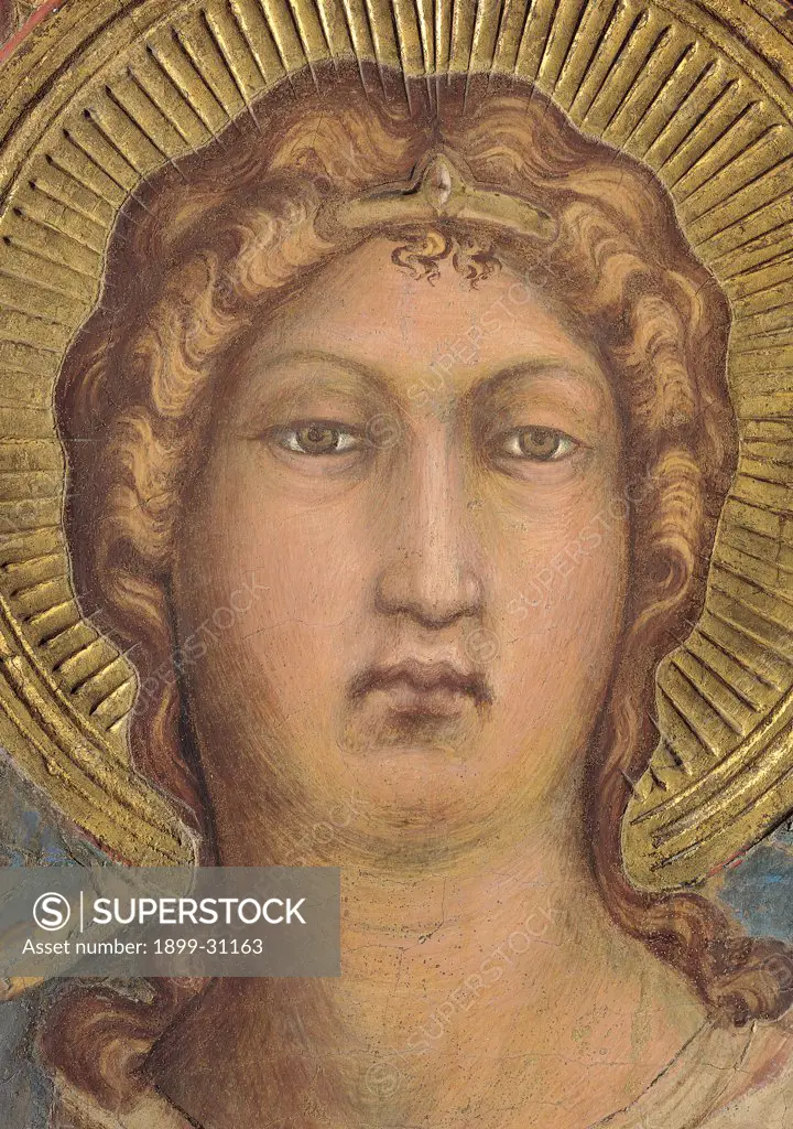 The Majesty, by Martini Simone, 1313 - 1315, 14th Century, fresco. Italy, Tuscany, Siena, Palazzo Pubblico, Sala del Mappamondo. Detail. Face of the Archangel Michael (on the right side of the throne) halo: aureole rays parting crown curls brown gold brown hues: shades.