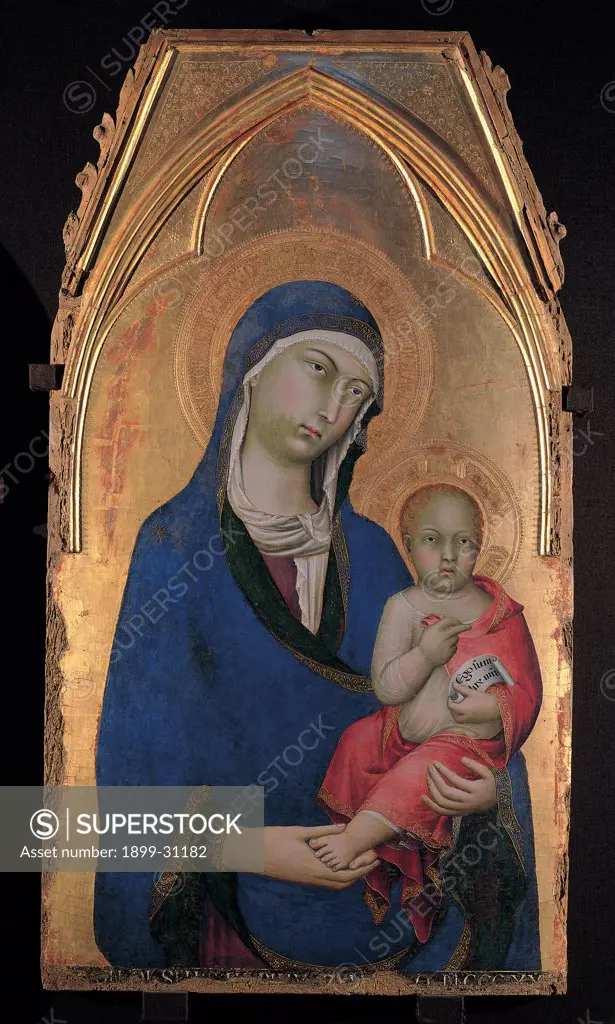 Madonna and Child, by Martini Simone, 1321, 14th Century, panel. Italy, Umbria, Orvieto, Terni, Opera del Duomo Museum. Central panel of the polyptych Monaldeschi Madonna Child Jesus: Baby Jesus: Christ Child halos: aureole trilobate: trefoiled pointed: ogive arch gold-background cloak: mantle veil draping: drapery red blue white flesh-colour.