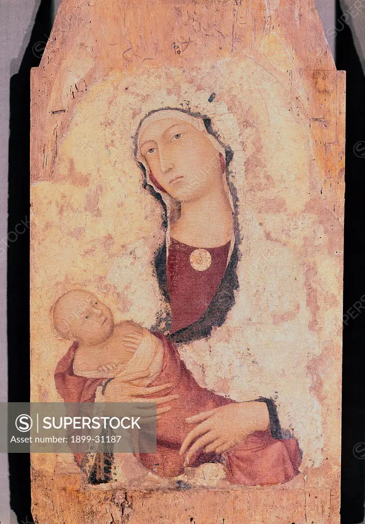 Madonna and Child, by Martini Simone, 1321, 14th Century, panel. Italy, Tuscany, Siena, National Gallery of Art. Whole artwork. Madonna and Child veil red blue medallion.
