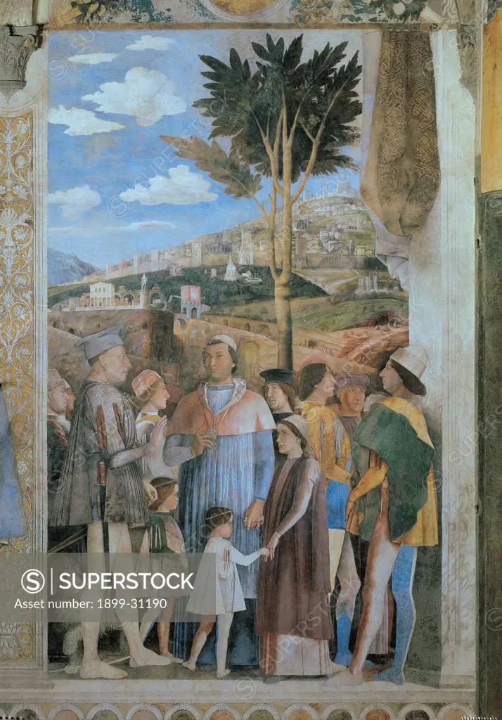 Decoration of the Camera degli Sposi (Camera Picta), by Mantegna Andrea, 1465 - 1474, 15th Century, fresco and dry tempera. Italy. Lombardy. Mantua. Ducal Palace. Western wall, right-hand episode/scene of Ludovico Gonzaga meets his sons Federico and Francesco. In the background, a landscape with a fortified city/town