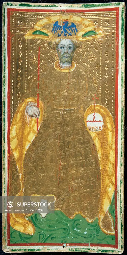 The Emperor, Tarot Cards, by Bembo Bonifacio, 1420 - 1477, 15th Century, paper. Italy: Lombardy: Milan: Brera Art Gallery. Whole artwork. The Emperor wears a luxurious golden cloth/dress and a peculiar headdress with the Imperial eagle. Golden punch-engraved background