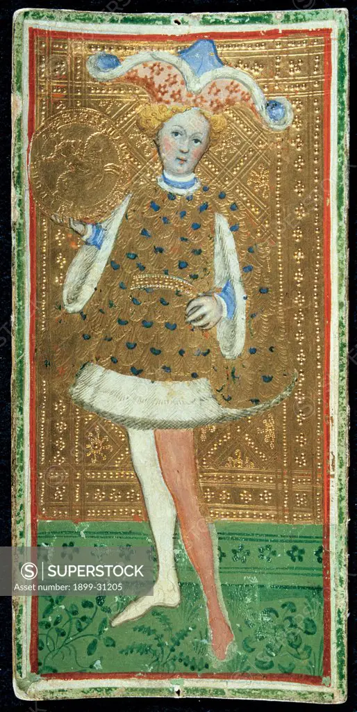The Page of Diamonds, Tarot Cards, by Bembo Bonifacio, 15th Century, paper. Italy: Lombardy: Milan: Brera Art Gallery. Whole artwork. The valet/page wears a rich golden garment/dress/cloth with cobalt blue inserts and fur lining, white and red tights and a peculiar headdress. Golden punch-engraved background