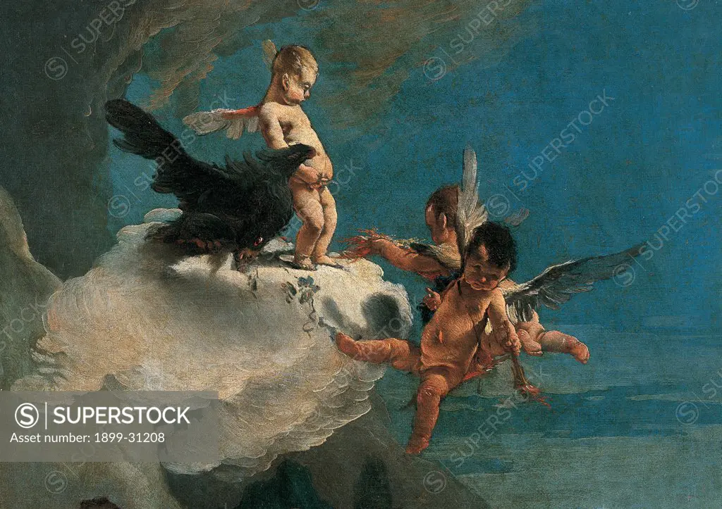 The Rape of Europa, by Tiepolo Giambattista, 1720 - 1721, 18th Century, oil on canvas. Italy: Veneto: Venice: Accademia Art Galleries. Detail. Group of putti on cloud eagle