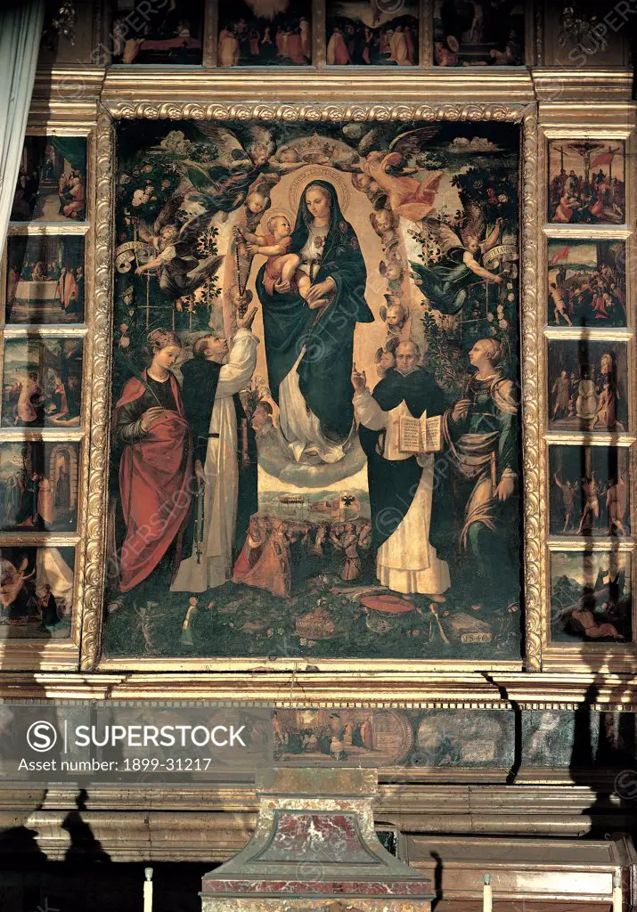 Madonna del Rosario, by Vincenzo degli Azani da Pavia, 16th Century, panel transferred to canvas. Italy, Sicily, Palermo, San Domenico church. Whole artwork. Our Lady of the Rosary Child saints angels seraphim believers praying kneeling black white red dark: brown shades: hues: tones gray episodes tiles frame gold.