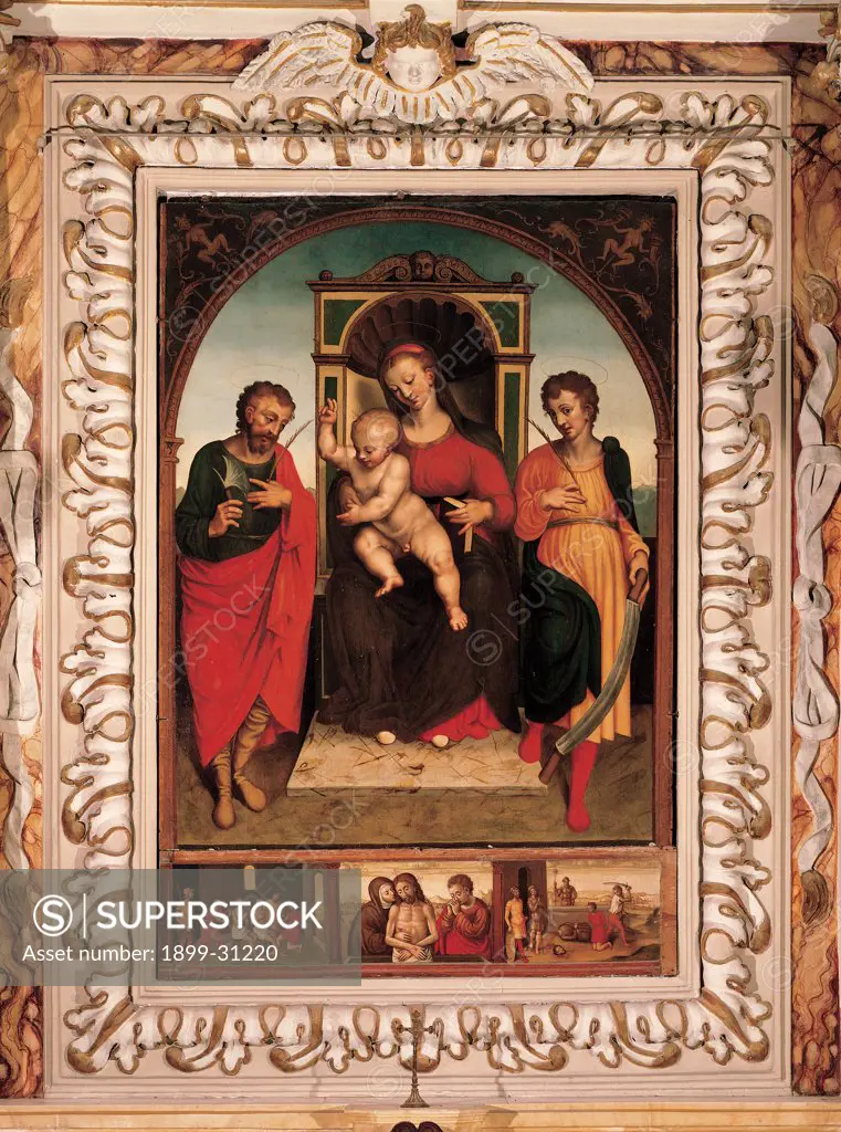 Madonna and Child with Sts Crispin and Crispinian, by Cambiaso Giovanni, Cambiaso Luca, Brea Francesco, 16th Century, panel. Italy, Liguria, Taggia, Imperia, Santi Giacomo e Filippo church. Whole artwork. Throne Madonna Child Sts Crispin Crispianus framed by a painted round arch predella episodes from the life of Christ red yellow dark: brown shades: hues: tones black white.