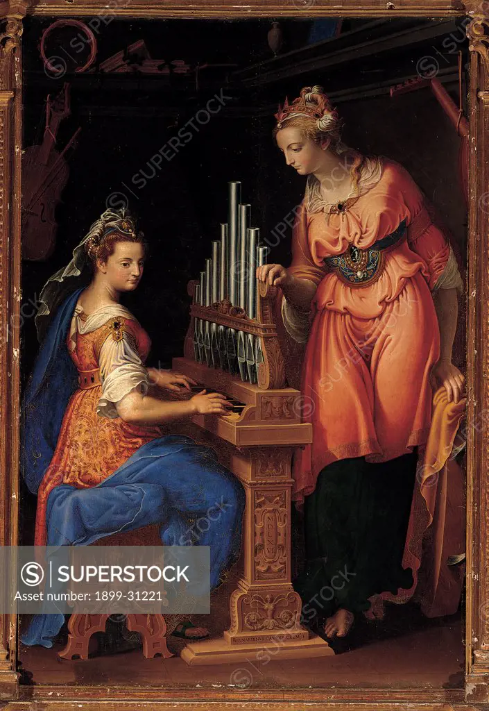 Sts Cecilia and Catherine, by Campi Bernardino, 1556, 16th Century, oil on canvas. Italy, Lombardy, Cremona, San Sigismondo church. Whole artwork. St Catherine St Cecilia organ stool carving decoration veil dress: robe: garment drapery pompous folds blue orange red black brown dark: brown shades: hues: tones white.
