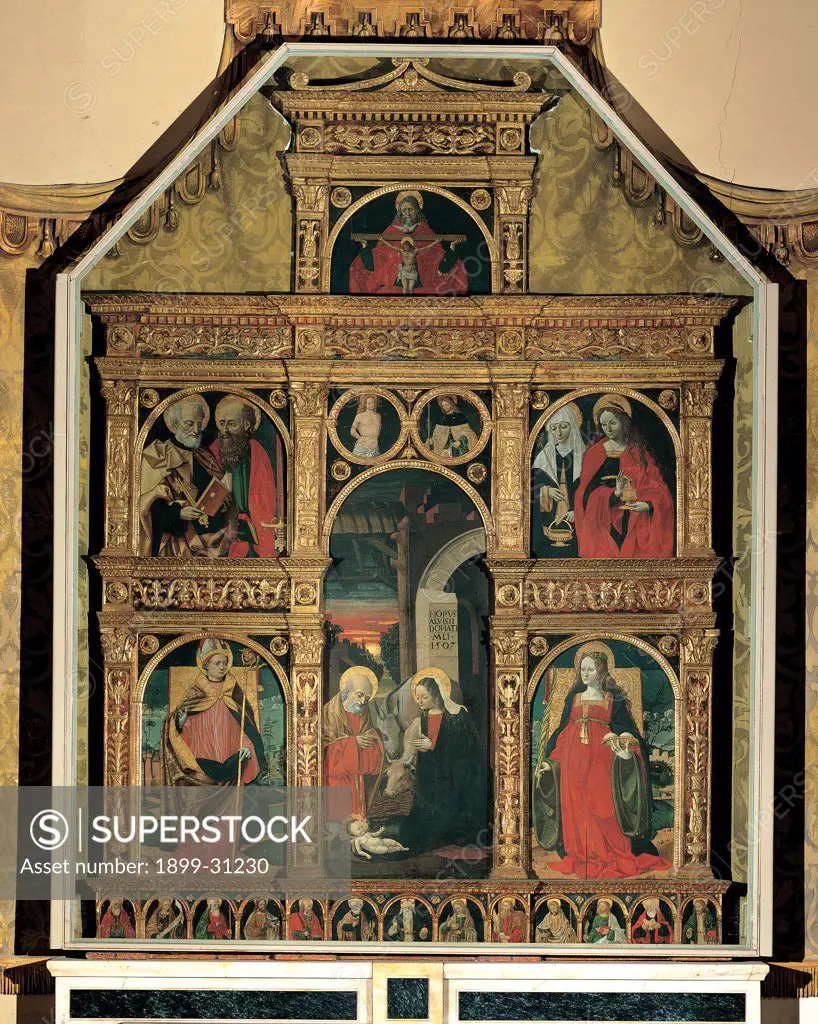 Polyptych with Nativity (Scene), by De Donati Alvise, 1491 - 1512, 15th Century, panel. Italy, Lombardy, Moltrasio, Como, Parish church. All Polyptych Nativity St Mary Joseph Saints arches niches gold red black white gray.