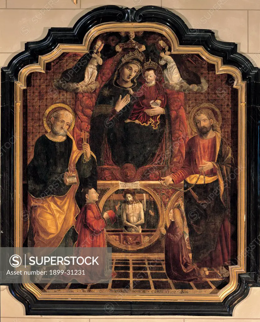 Madonna Between Saints and Donors, by De Passeri (De Passeris) Andrea, 1487 - 1517, 16th Century, panel. Italy, Lombardy, Como, Duomo. All Madonna Virgin Child Christ Resurrection believer kneeling donor cherubs angels red yellow black white brown shades: tones: hues.