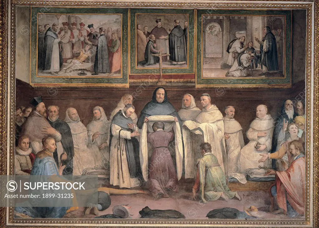 Clothing of St Hyacinth, by Zuccari Federico, 1542 - 1609, 16th Century, 17th Century, fresco. Italy, Lazio, Rome, Santa Sabina, San Giacinto Chapel. Whole artwork. Clothing St Hyacinth priests dominican friars bystanders: onlookers episodes tapestry.