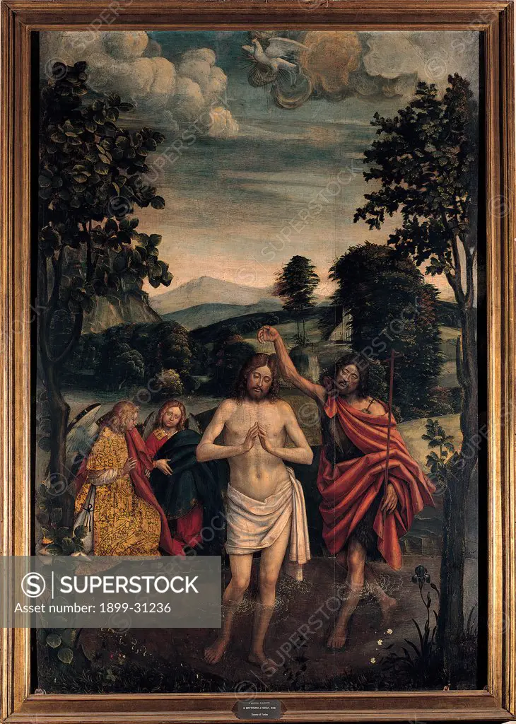 Baptism of Christ, by Ferrari Defendente, 1511 - 1535, 16th Century, canvas. Italy, Piemonte, Turin, San Giovanni Battista Cathedral. Whole artwork. Baptism of Christ St John the Baptist angels clouds plants landscape Jordan River light blue: azure white red yellow green black dark: brown shades: hues: tones.