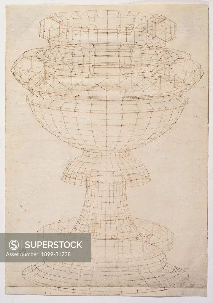 Vase in Perspective, by Pietro di Benedetto dei Franceschi known as Piero della Francesca, 15th Century, pen and bistre. Italy, Tuscany, Florence, Uffizi Gallery, Drawings and Prints Cabinet. Whole artwork. Technical drawing vase in perspective study foot cup goblet.