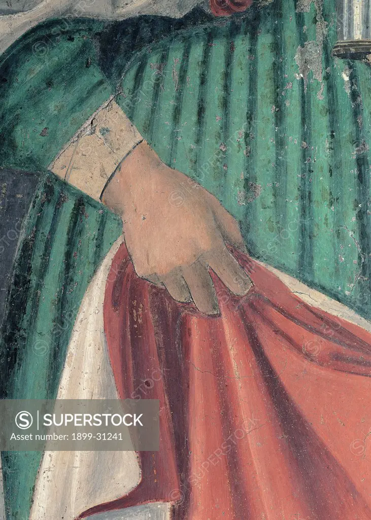 The Magdalene, by Pietro di Benedetto dei Franceschi known as Piero della Francesca, 1460 - 1466, 15th Century, fresco. Italy, Tuscany, Arezzo, Cathedral. Detail. Mary Magdalene cluths red mantle in her right hand green dress: garment.