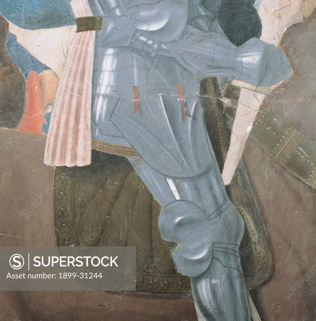 The Legend of the Cross of Victory of Constantine, by Pietro di Benedetto dei Franceschi known as Piero della Francesca, 1452 - 1462, 15th Century, fresco. Italy, Tuscany, Arezzo, San Francesco church, Major Chapel, right wall, lower order. Detail. Knight armor. Knight riding a brown horse in the foreground. Armor, cuirass, word, saddle, horse.