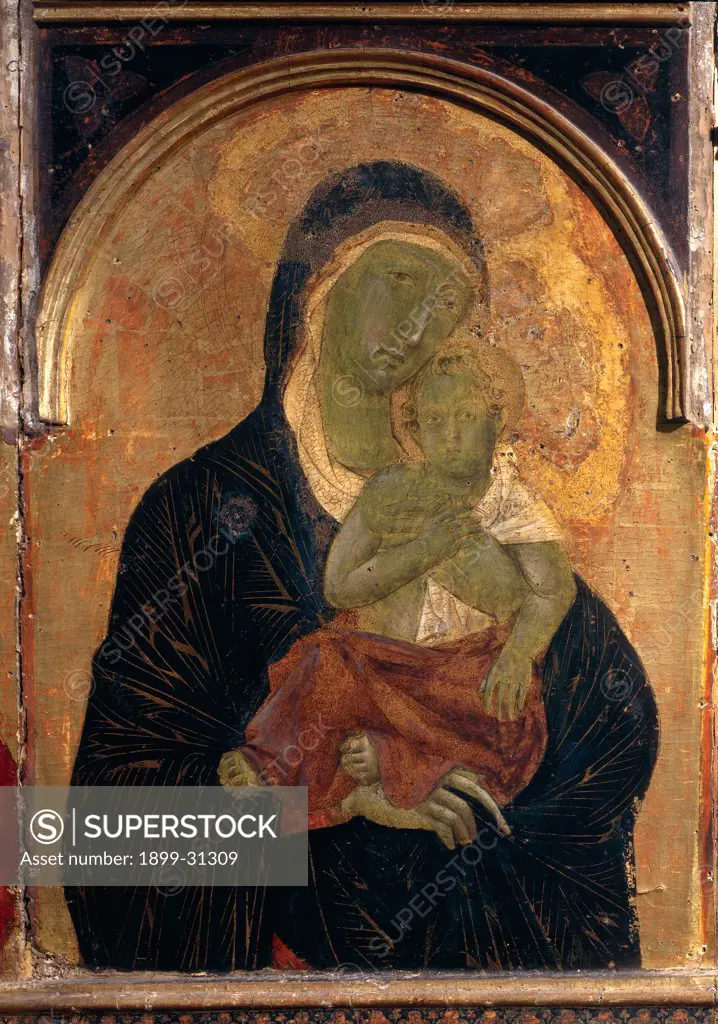 Polyptych No. 47, by circle Duccio di Buoninsegna, 14th Century, tempera on panel. Italy, Tuscany, Siena, National Gallery of Art. Detail. Virgin with Child. Black red background gold.