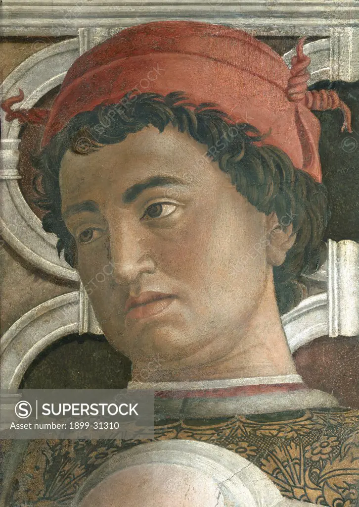 Decoration of the Camera degli Sposi (Camera Picta), by Mantegna Andrea, 1465 - 1474, 15th Century, fresco and ""dry"" tempera. Italy, Lombardy, Mantua, Ducal Palace. Detail. Face foreground Rodolfo Gonzaga gentleman headgear: headdress hat cap.