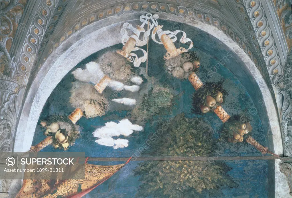 Decoration of the Camera degli Sposi (Camera Picta), by Mantegna Andrea, 1465 - 1474, 15th Century, fresco and ""dry"" tempera. Italy, Lombardy, Mantua, Ducal Palace. Detail. Upper central lunette wreaths: festoons leaves fruit decoration colors curtains tree foliage trompe-l'oeil.