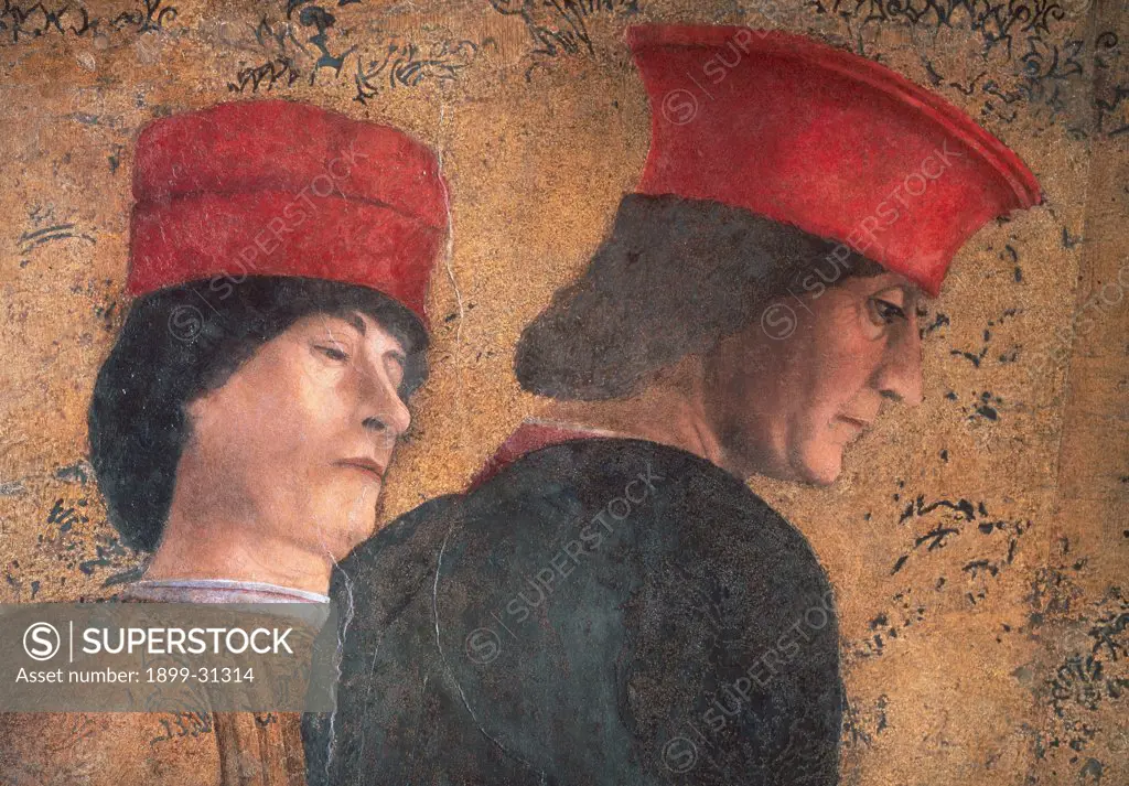 Decoration of the Camera degli Sposi (Camera Picta), by Mantegna Andrea, 1465 - 1474, 15th Century, fresco and ""dry"" tempera. Italy, Lombardy, Mantua, Ducal Palace. Detail. Men noblemen dignitaries courtiers headgears: headdresses hats caps pair: couple.