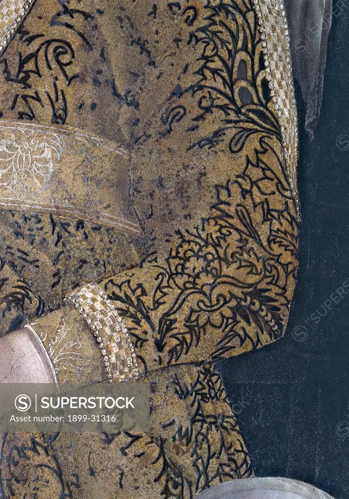 Decoration of the Camera degli Sposi (Camera Picta), by Mantegna Andrea, 1465 - 1474, 15th Century, fresco and ""dry"" tempera. Italy, Lombardy, Mantua, Ducal Palace. Detail. Dress suit sleeve wrist damask fabric: tissue decoration embroidery Barbara Gonzaga noblewoman woman.