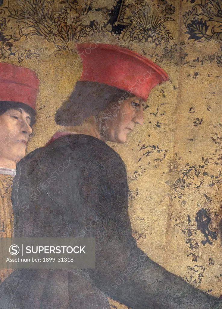 Decoration of the Camera degli Sposi (Camera Picta), by Mantegna Andrea, 1465 - 1474, 15th Century, fresco and ""dry"" tempera. Italy, Lombardy, Mantua, Ducal Palace. Detail. Profile dignitaries courtiers noblemen Gonzaga headgear: headdress hat colors red gold blue.