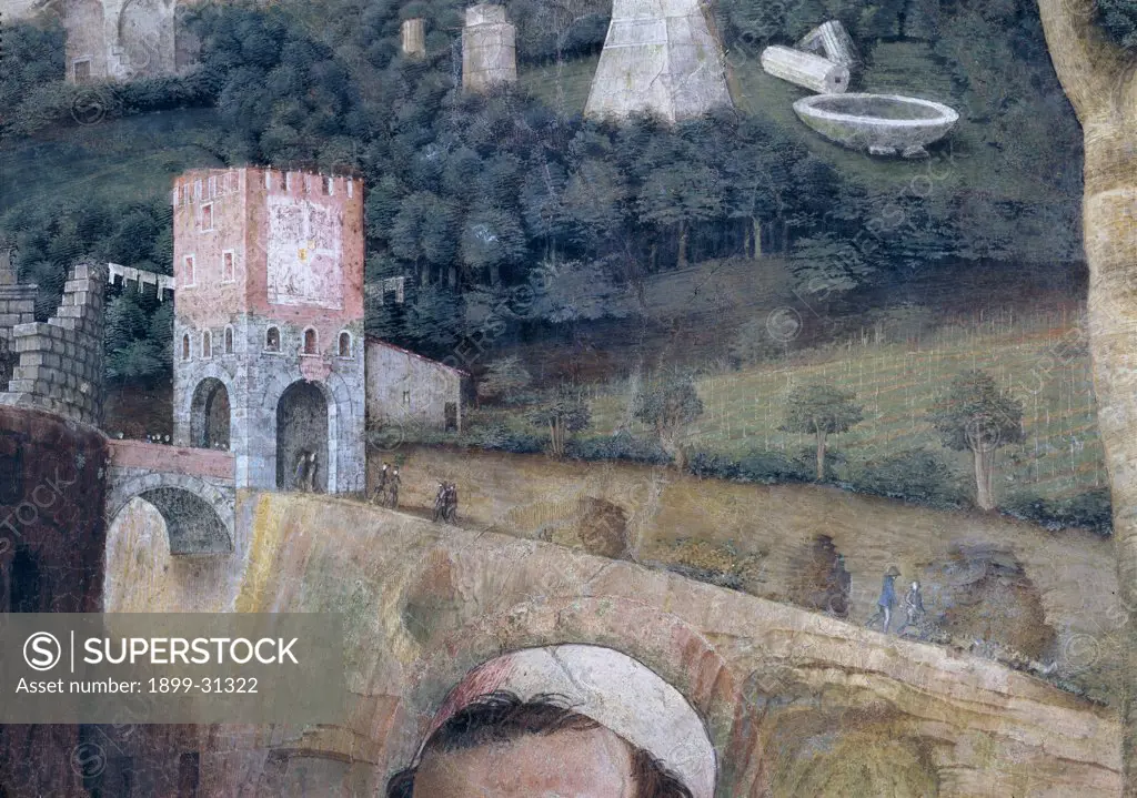 Decoration of the Camera degli Sposi (Camera Picta), by Mantegna Andrea, 1465 - 1474, 15th Century, fresco and ""dry"" tempera. Italy, Lombardy, Mantua, Ducal Palace. Detail. Landscape, bridge, fortified gate, arches, tower, battlement: crenellation, fortification, plants, trees, forest, walls, ruins, column, buildings, lawn..