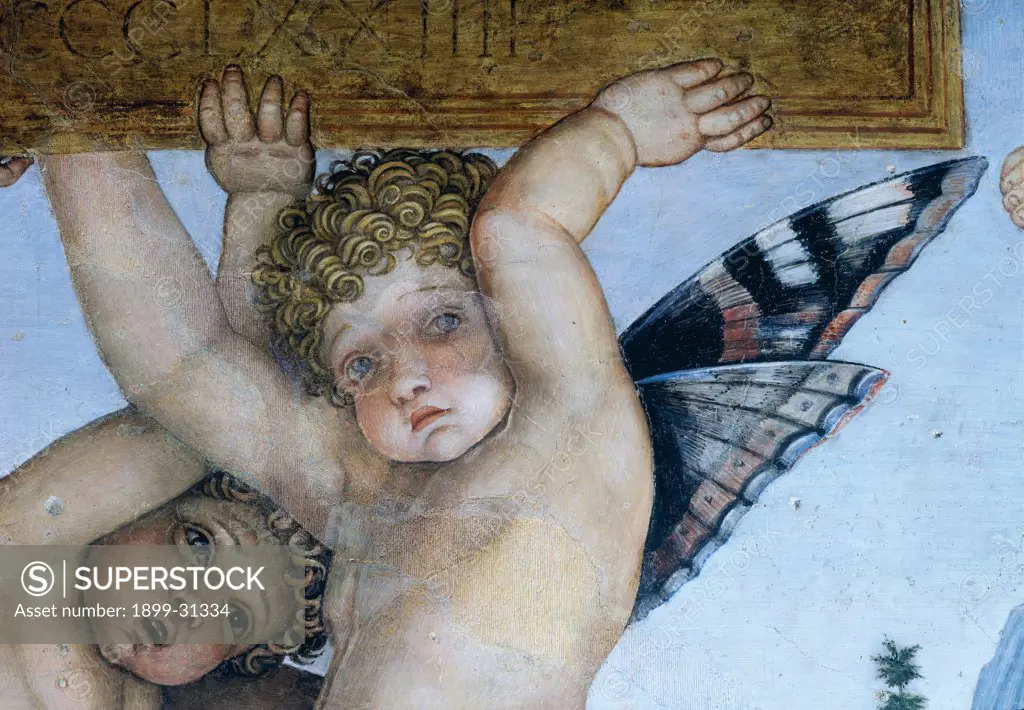 Decoration of the Camera degli Sposi (Camera Picta), by Mantegna Andrea, 1465 - 1474, 15th Century, fresco and ""dry"" tempera. Italy, Lombardy, Mantua, Ducal Palace. Detail. Putti: cherubs holding a plate with butterfly wings. Western wall The meeting between Ludovico Gonzaga and his sons Federico and Francesco. Central episode: scene..