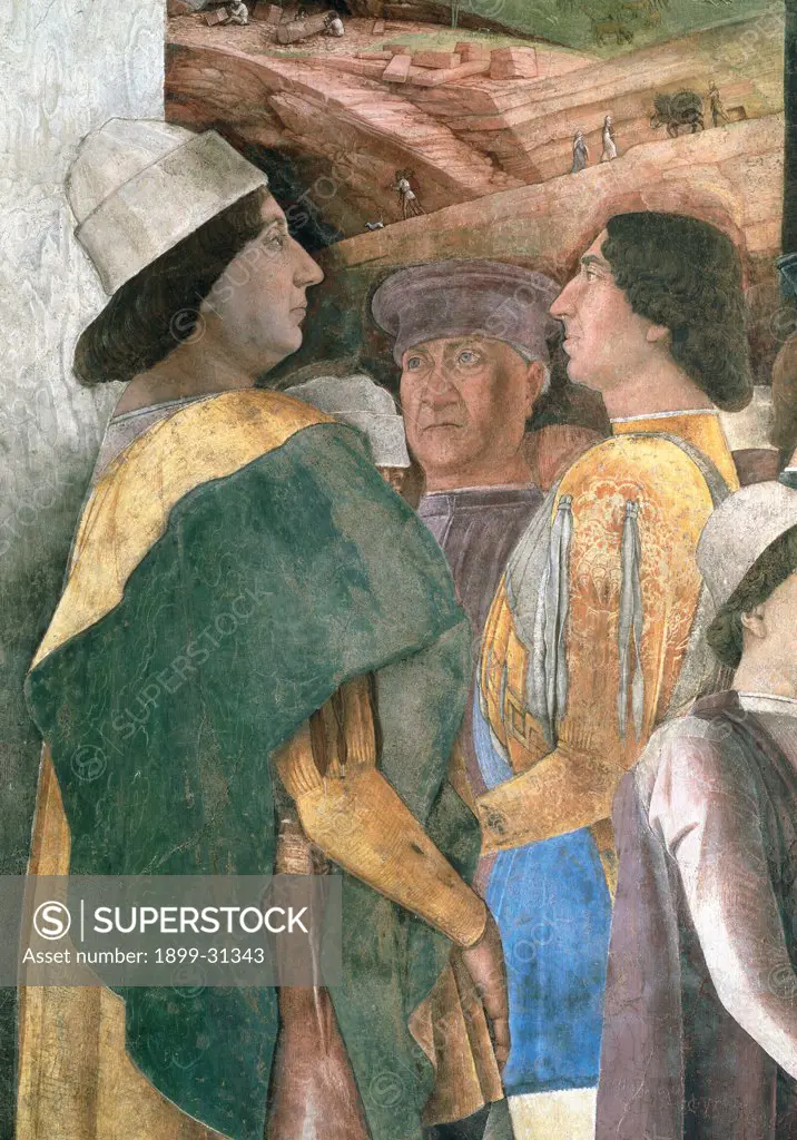 Decoration of the Camera degli Sposi (Camera Picta), by Mantegna Andrea, 1465 - 1474, 15th Century, fresco and ""dry"" tempera. Italy, Lombardy, Mantua, Ducal Palace. Detail. Emperor Frederick III, King Christian of Denmark and Federico I Gonzaga. Western wall The meeting between Ludovico Gonzaga and his sons Federico and Francesco. Right-hand episode: scene..