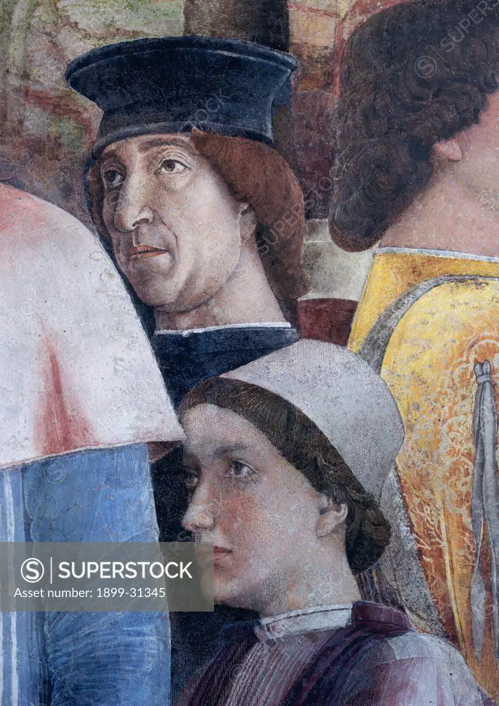 Decoration of the Camera degli Sposi (Camera Picta), by Mantegna Andrea, 1465 - 1474, 15th Century, fresco and ""dry"" tempera. Italy, Lombardy, Mantua, Ducal Palace. Detail. Faces of Ludovico Gonzaga and a figure in procession. Western wall The meeting between Ludovico Gonzaga and his sons Federico and Francesco. Right-hand episode: scene..