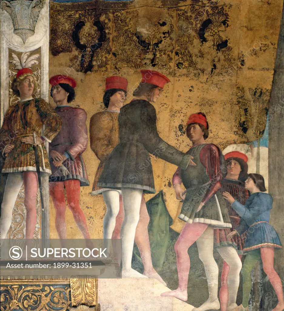 Decoration of the Camera degli Sposi (Camera Picta), by Mantegna Andrea, 1465 - 1474, 15th Century, fresco and ""dry"" tempera. Italy, Lombardy, Mantua, Ducal Palace. Detail. Dignitaries and counsellors, recognizable by their clothes with the colors of arms of the Gonzaga, who climb the ladder to the right. Northern wall or chimney wall, The Court..