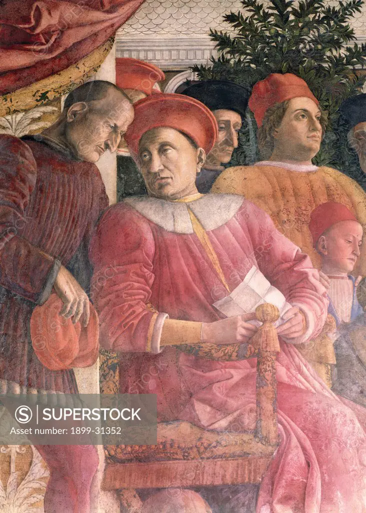 Decoration of the Camera degli Sposi (Camera Picta), by Mantegna Andrea, 1465 - 1474, 15th Century, fresco and ""dry"" tempera. Italy, Lombardy, Mantua, Ducal Palace. Detail. Ludovico Gonzaga, the secretary Marsilio Andreasi and his son Gianfrancesco. Northern wall or chimney wall, The Court..