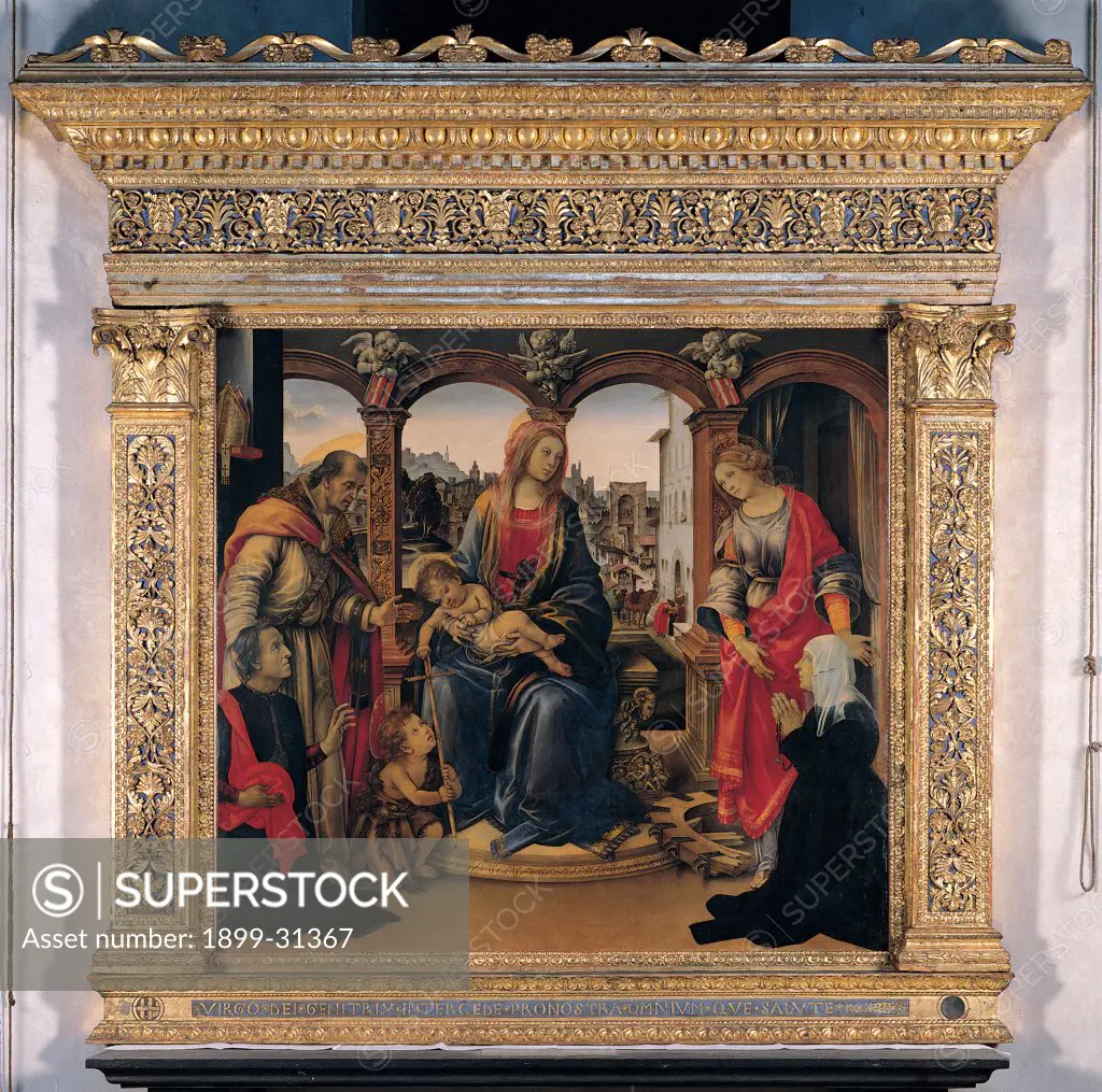 Wood framed aedicula, by Unknown, 15th Century, poster paint.. Italy, Tuscany, Florence, Santo Spirito church, Nerli Chapel. Whole artwork. Sacred conversation Madonna Child Saints believers view landscape gold blue red dark tones: shades: hues.