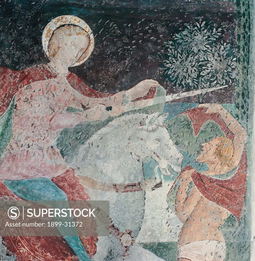 Episodes from the Life of St Nicholas, by follower Vivarini Antonio, 15th Century, fresco. Italy, Veneto, Vittorio Veneto, Treviso, San Giovanni Battista church. Detail of the scene depicting St Nicholas on horseback tearing his mantle: cloak with his sword to give a piece to a naked person.