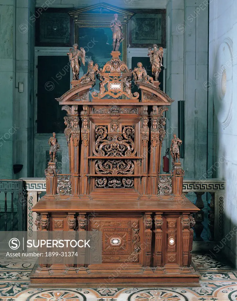 Cupboard, by Unknown, 1881, 19th Century, walnut wood carved. Italy, Lombardy, Milan, Santa Maria dei Miracoli church by San Celso. Front view cupboard wood herms phytomorph motifs protomes angels.